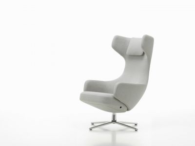 Grauer Grand Repos Sessel von Vitra mit hoher Rückenlehne und Drehfuß auf weißem Hintergrund.